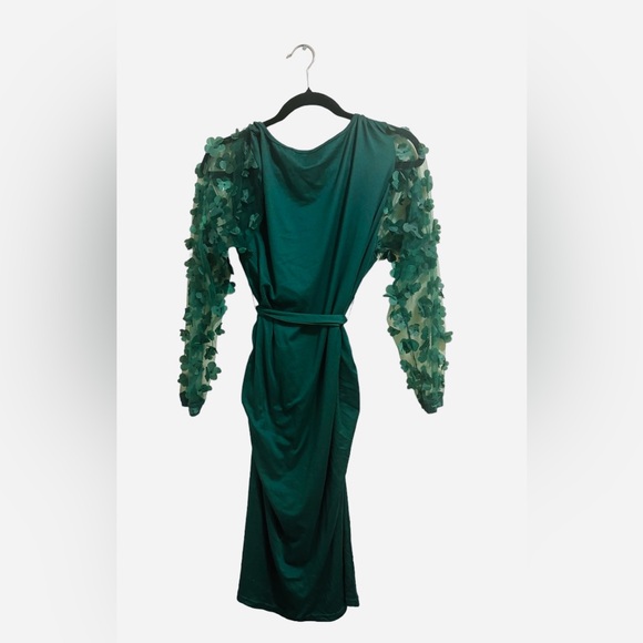 Emerald Green Long Maternity Dress with Sheer Sleeves & Flower Appliqués, Size L - Picture 2 of 5